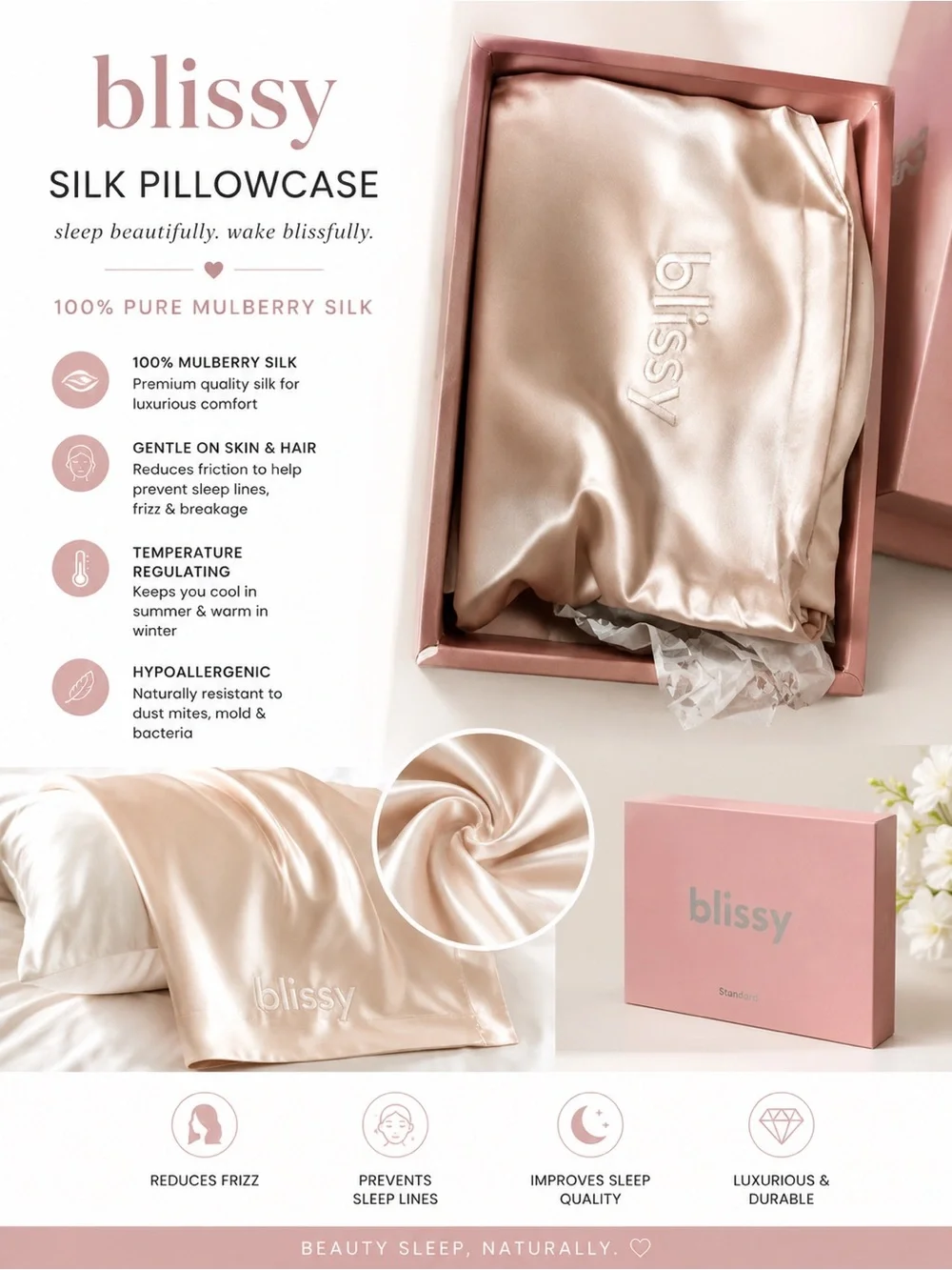 Bliss Silk Pillowcase in Champagne Pink